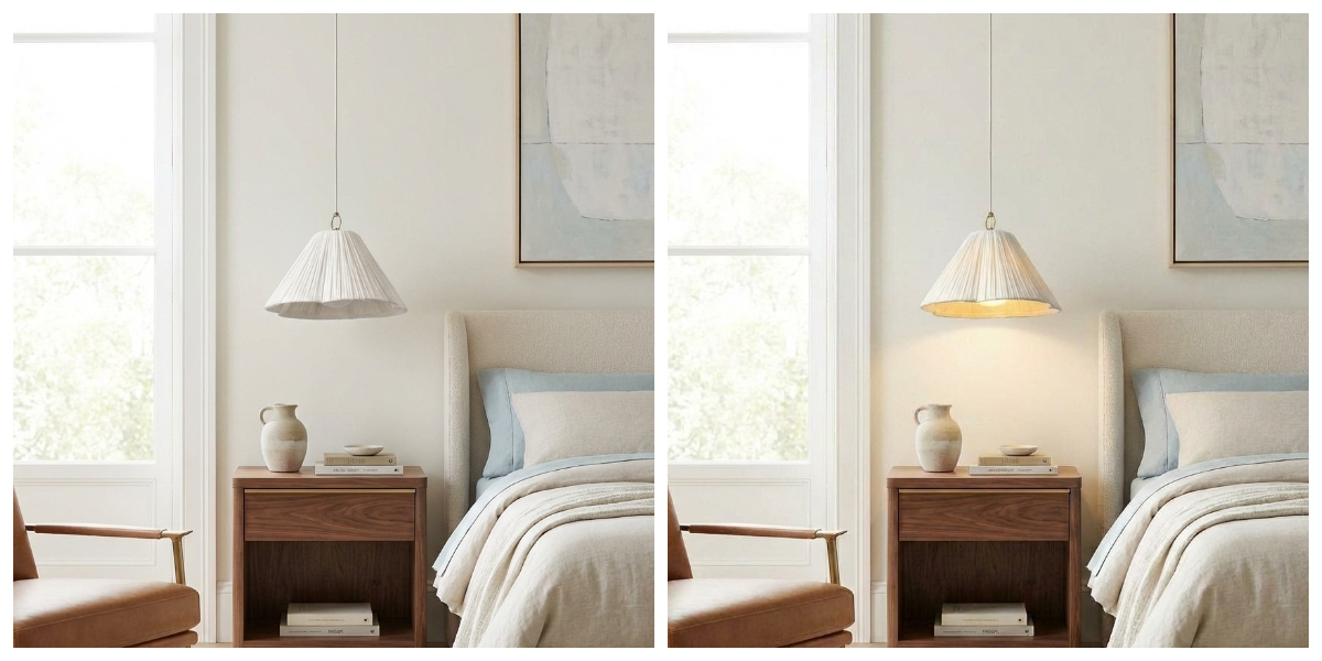 Luminella pendant shown off and on beside a bed