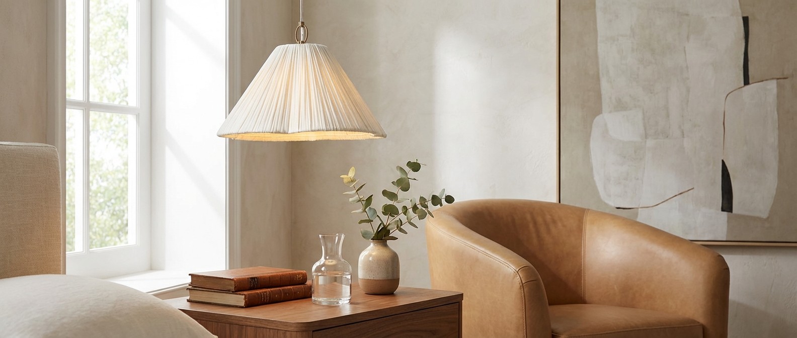 Luminella pendant over a side table in a warm room