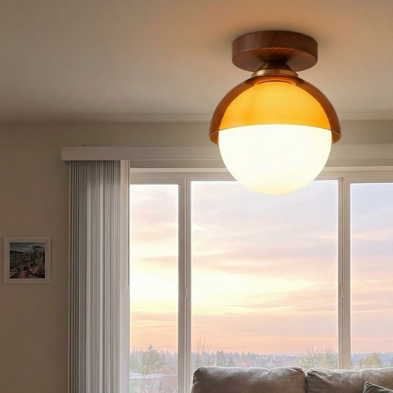 Close view of the glowing sunset ceiling lamp