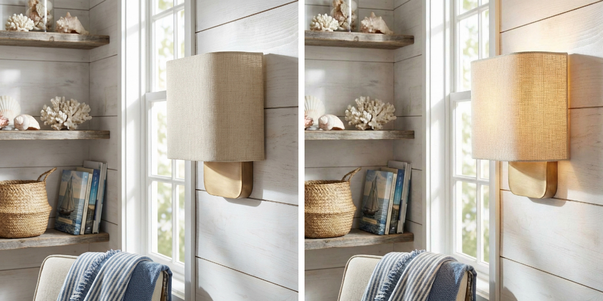Nolvara wall sconce shown off and illuminated