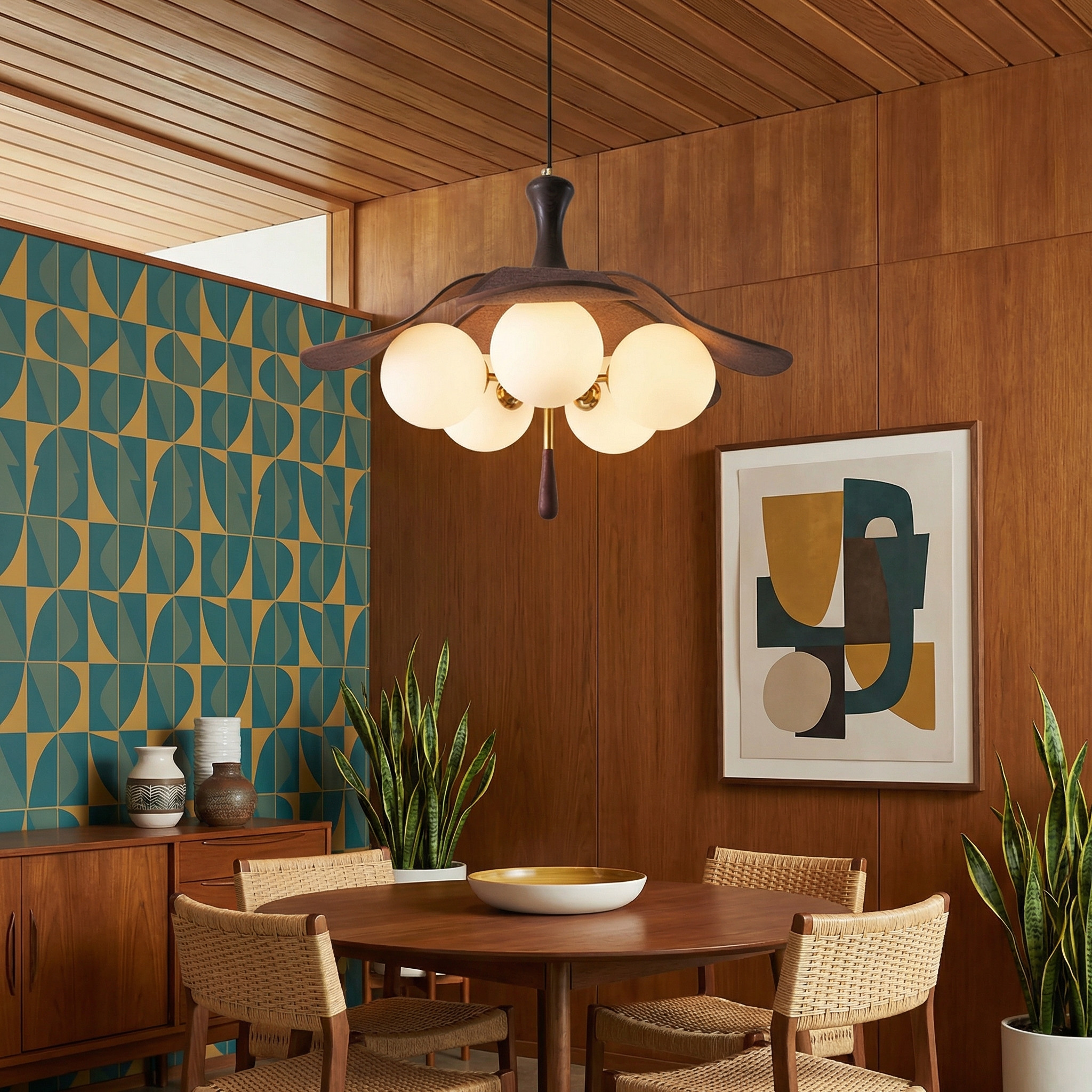 Orrise pendant light displayed above a dining table with wood paneling
