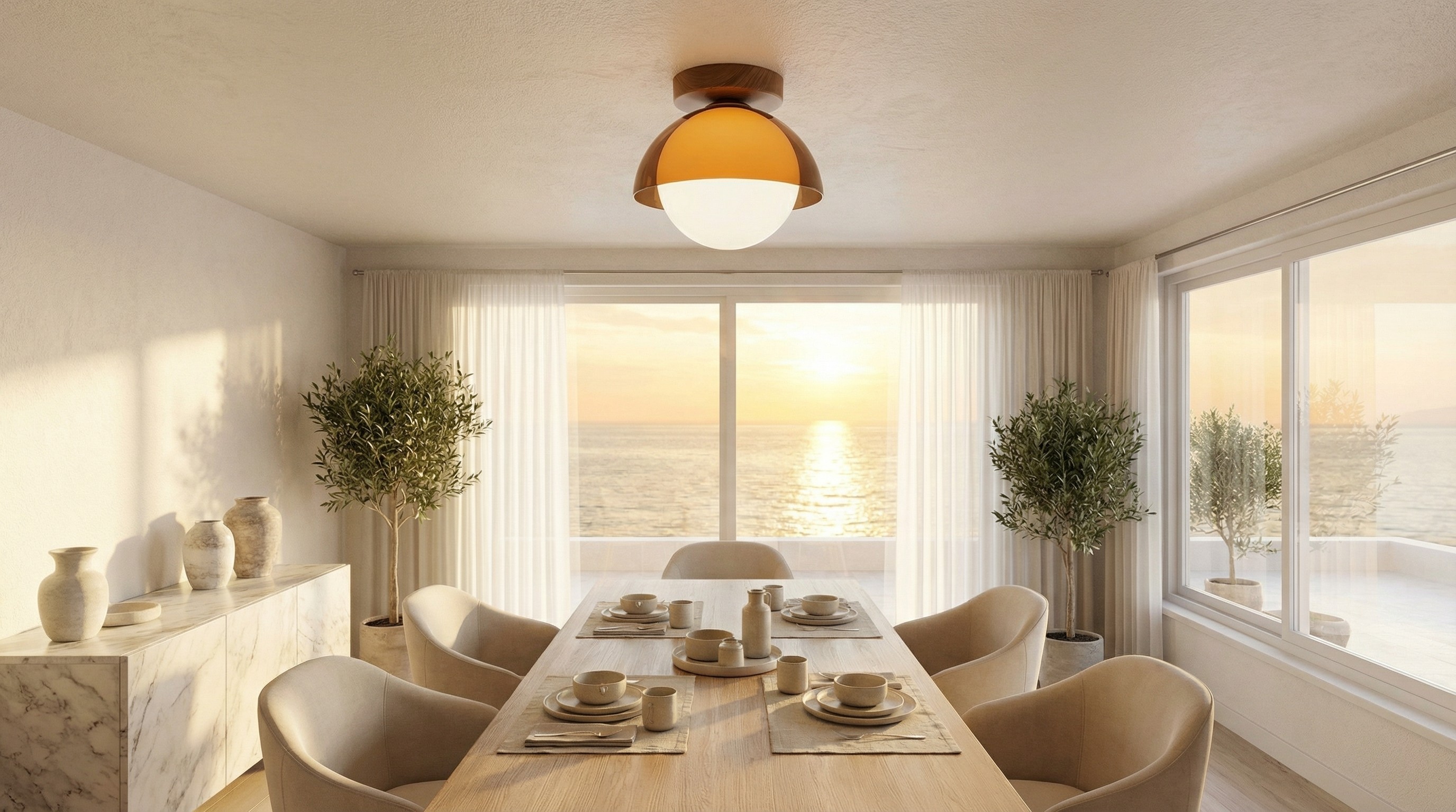 Sunset ceiling light over a dining table