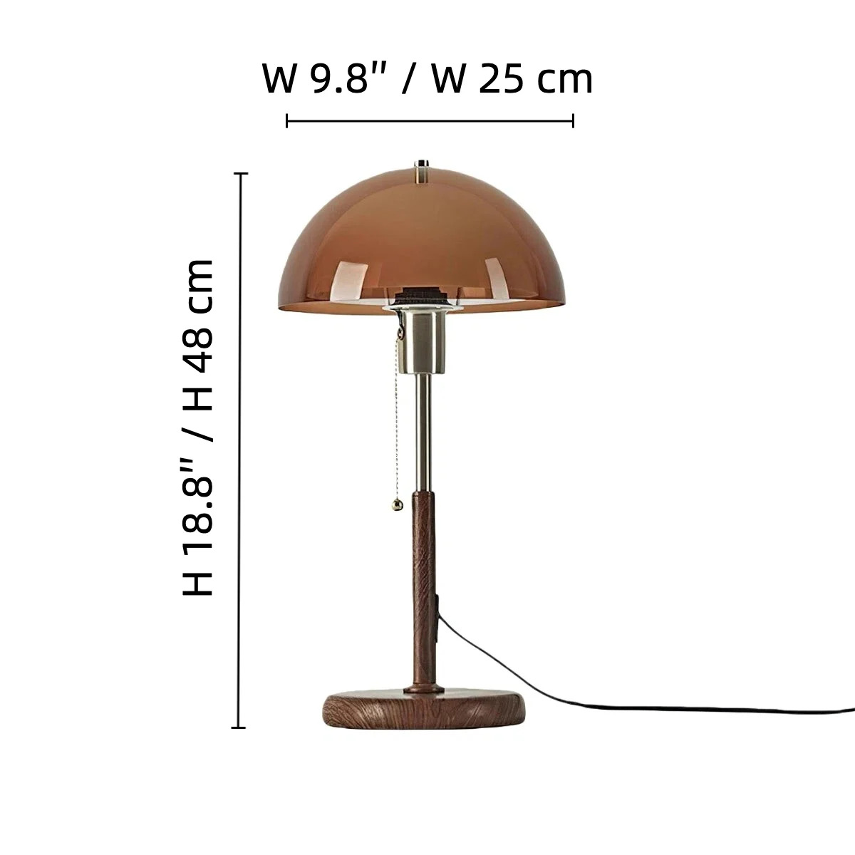 Afterglow table lamp size diagram showing W 9.8 inches / W 25 cm and H 18.8 inches / H 48 cm