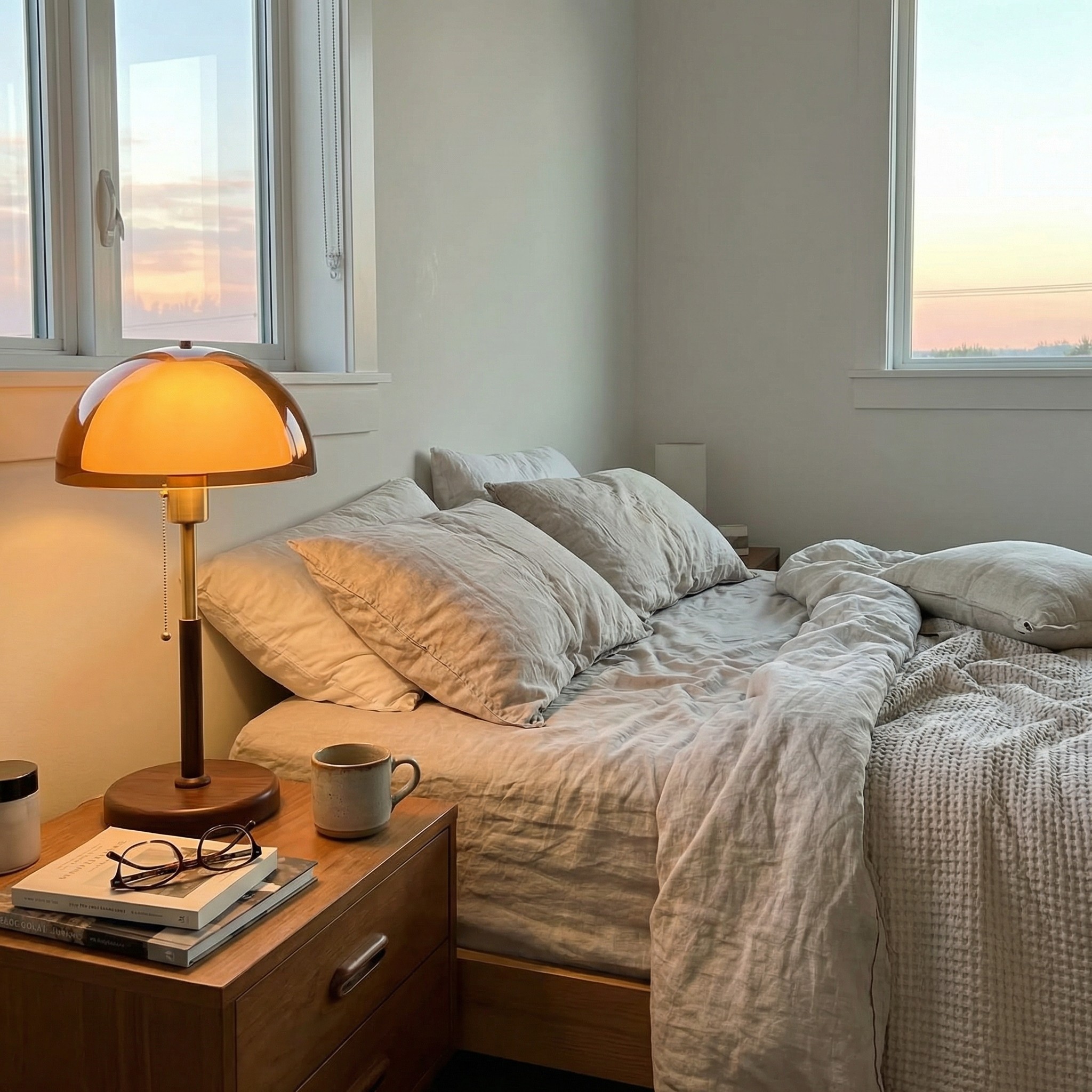 Afterglow table lamp beside a bed at sunset