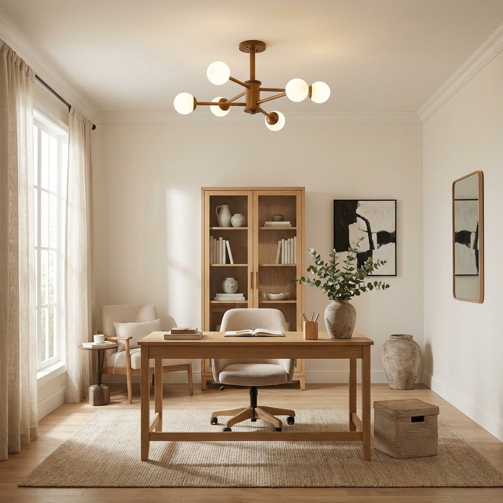 Orrise molecular chandelier above a desk