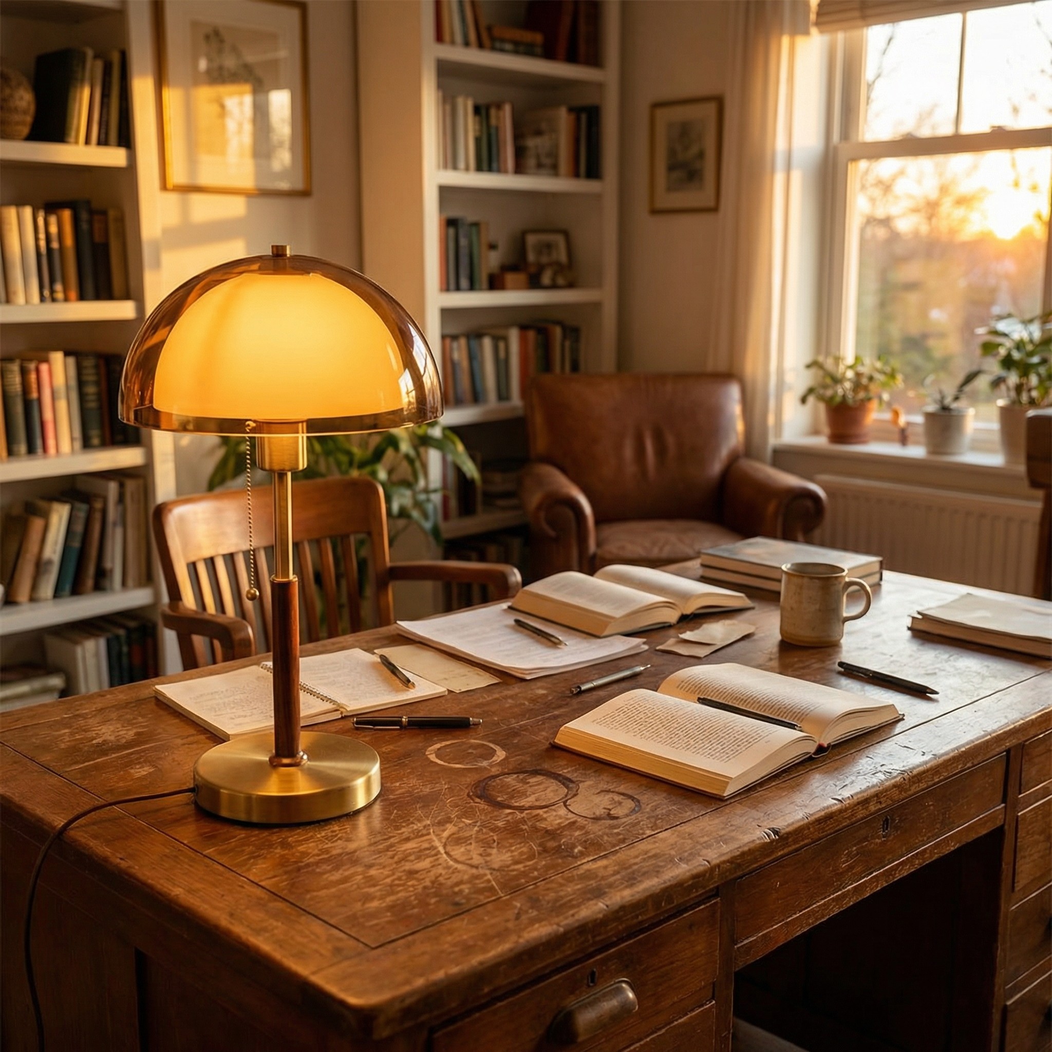Afterglow table lamp glowing on a writing desk