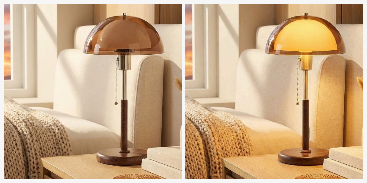 Afterglow table lamp shown lit and unlit in a living room setting