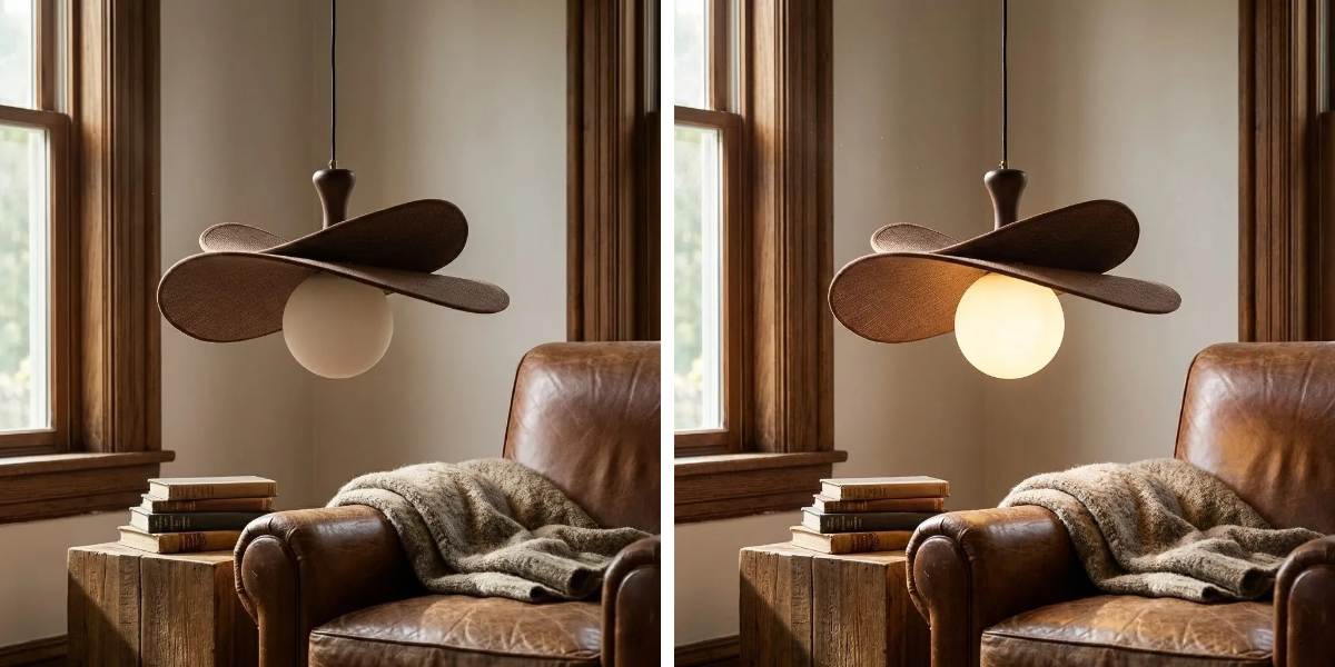 Orrise pendant light shown in two lighting states