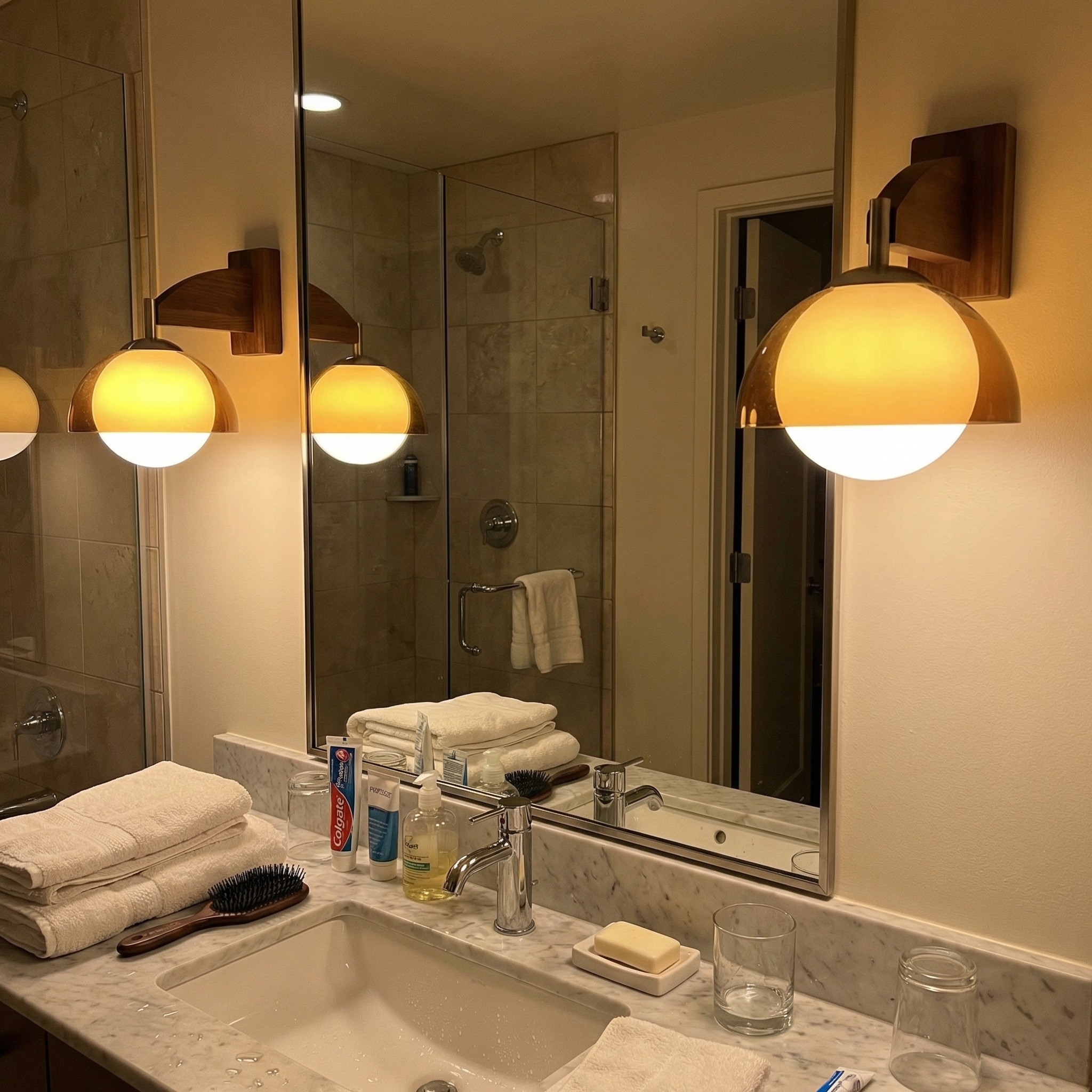 Afterglow wall lamp glowing beside a bathroom mirror