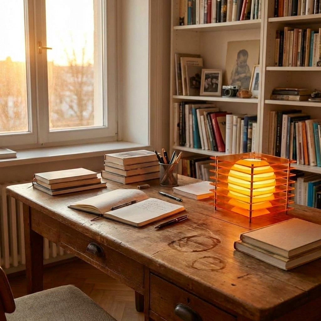 Afterglow moon cube lamp on a wooden desk
