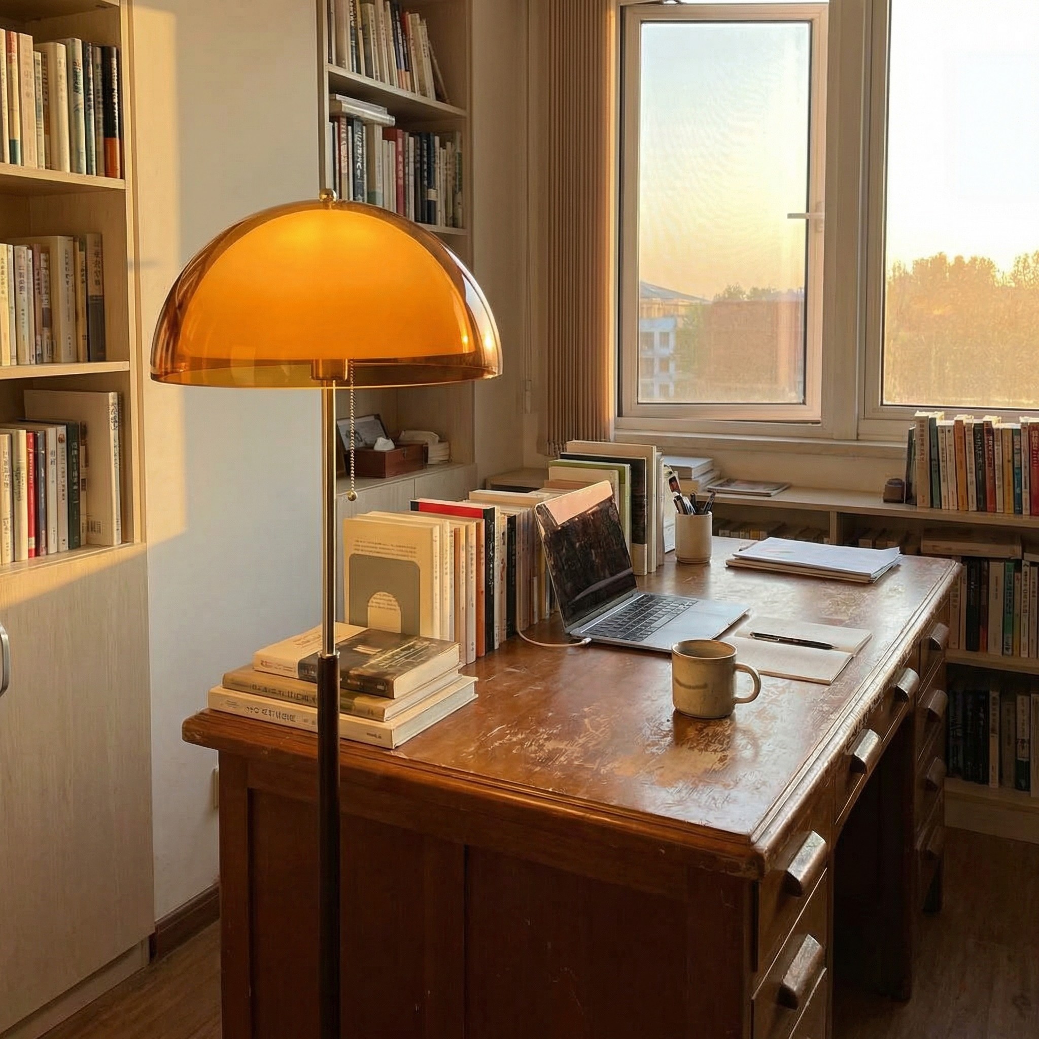Afterglow floor lamp beside a writing desk and bookshelves