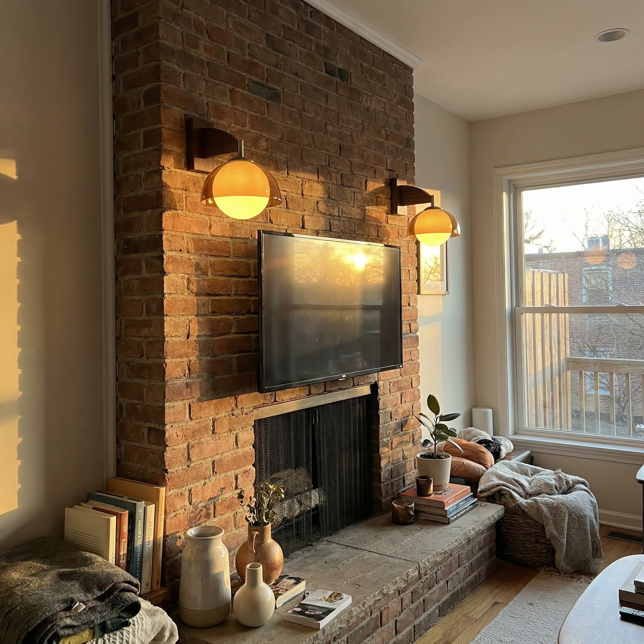 Afterglow wall lamp styled by a brick fireplace
