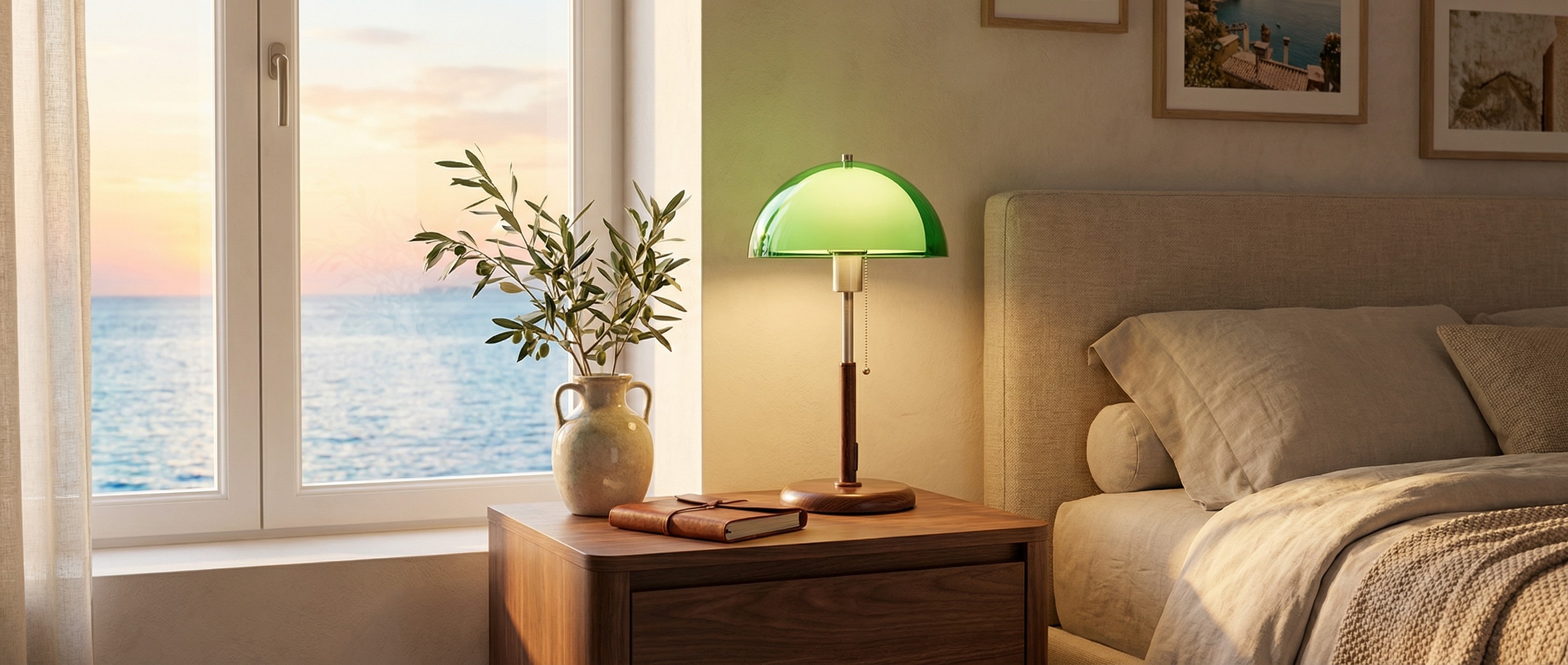 Green Afterglow table lamp glowing beside a bed