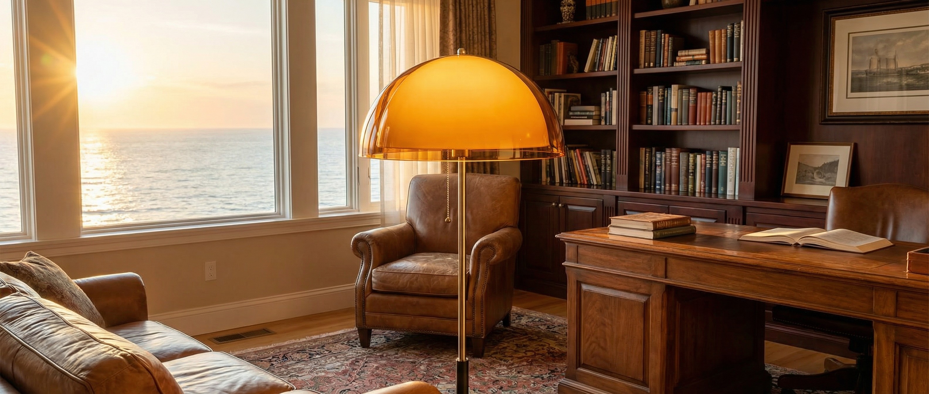 Afterglow floor lamp in a bright bedroom with sunset view