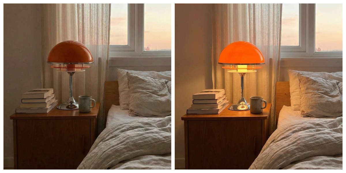 Before and after glow comparison of the Afterglow table lamp