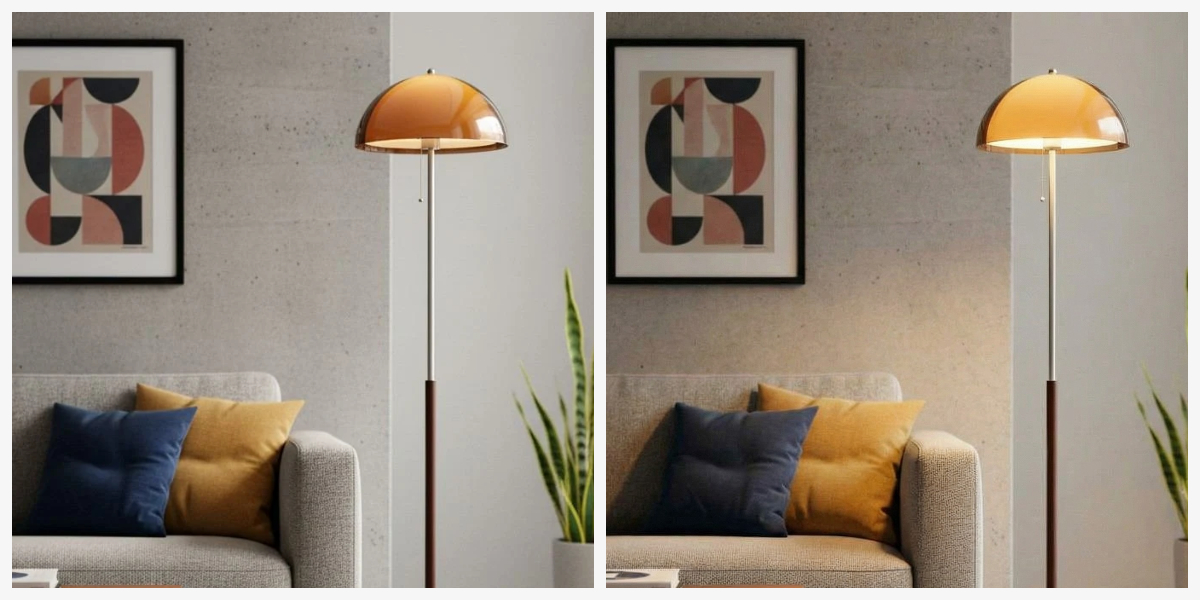 Afterglow floor lamp shown in two lighting moods