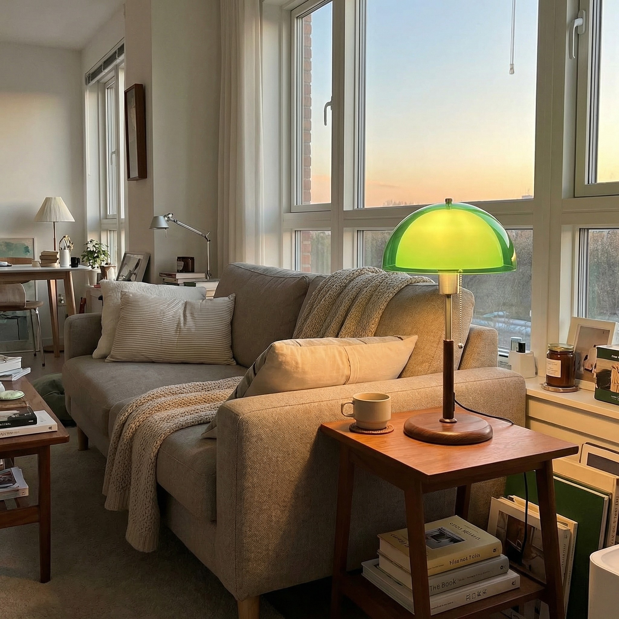 Green Afterglow table lamp by a sofa