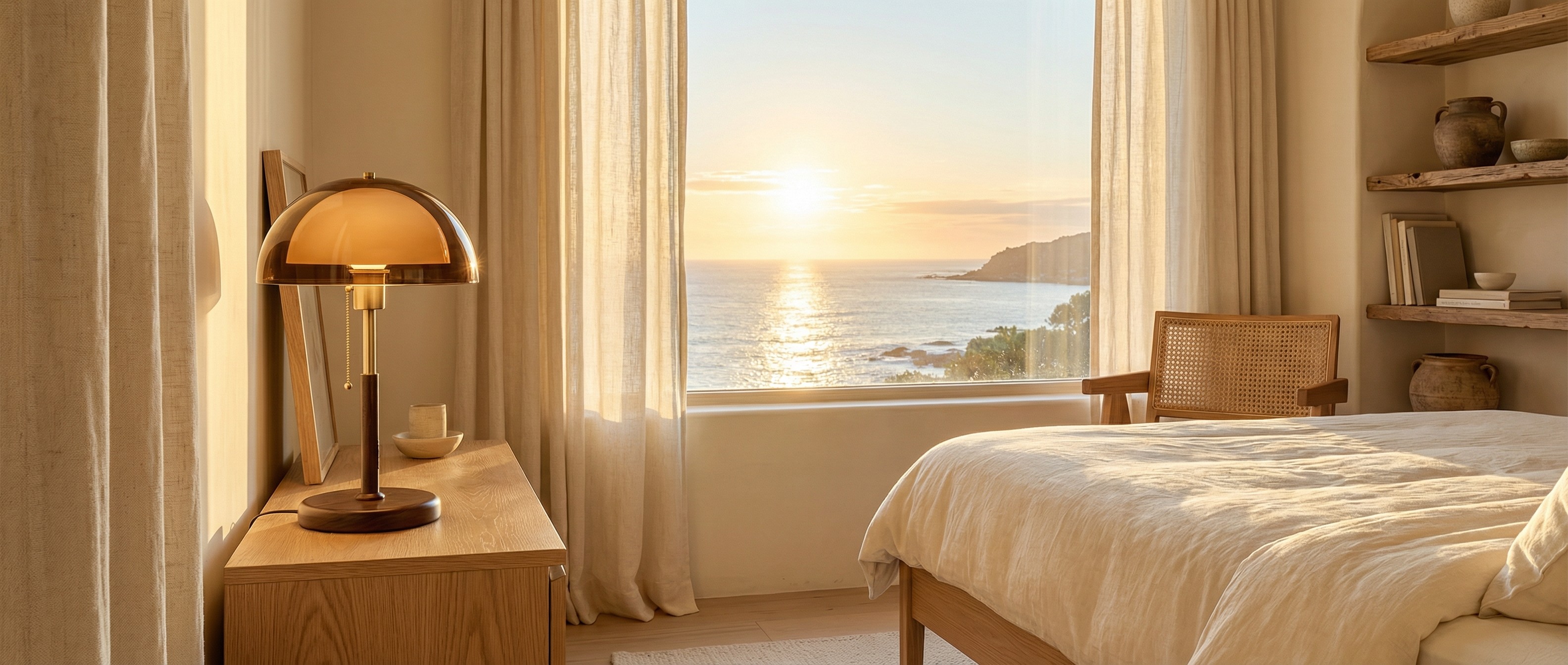 Afterglow table lamp styled beside a bed near a sunset window