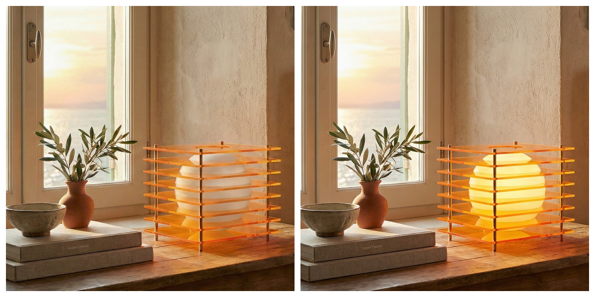 Afterglow moon cube lamp shown on a windowsill before and after lighting