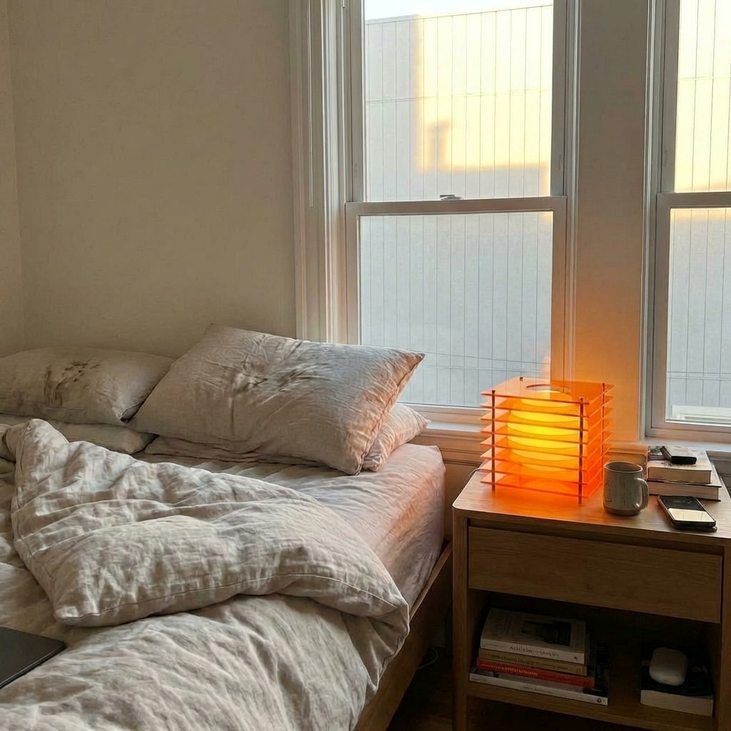Afterglow moon cube lamp glowing orange beside a bed