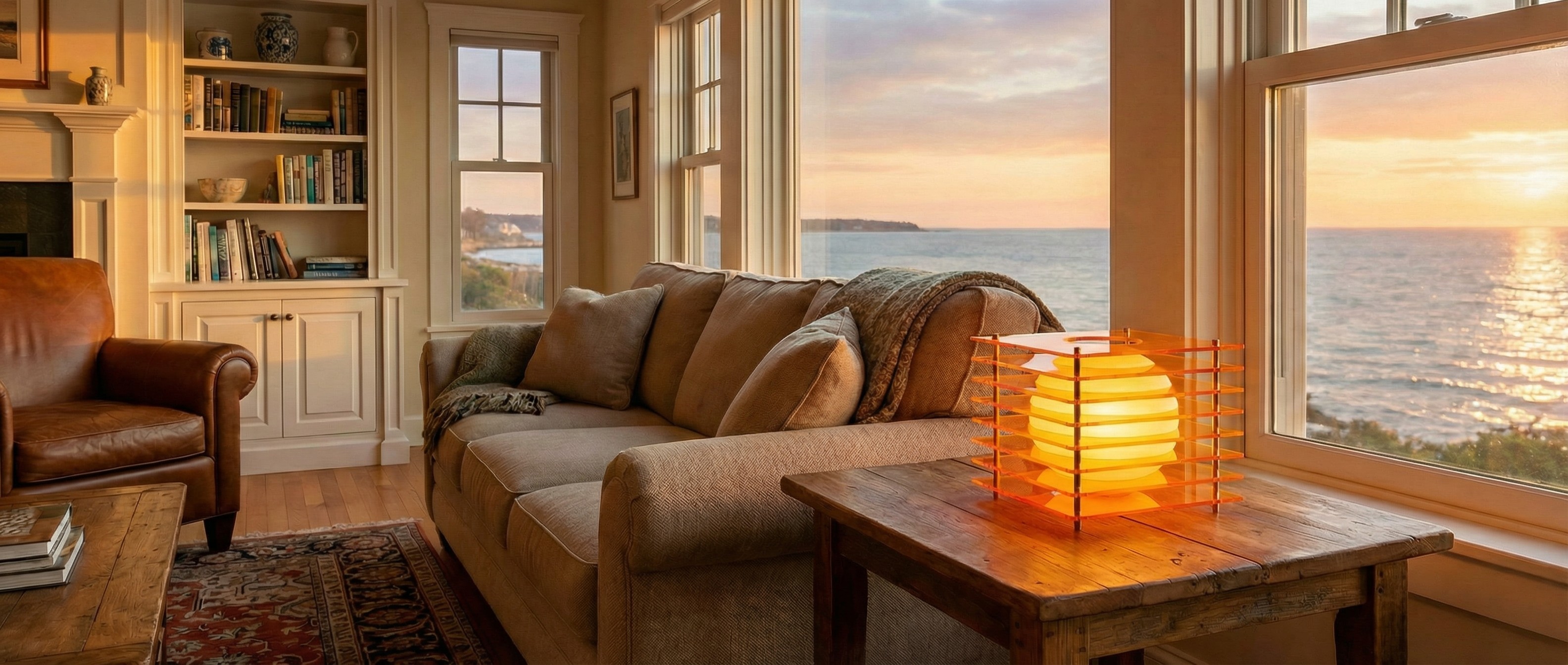 Afterglow moon cube lamp styled in a warm interior by a sunset window