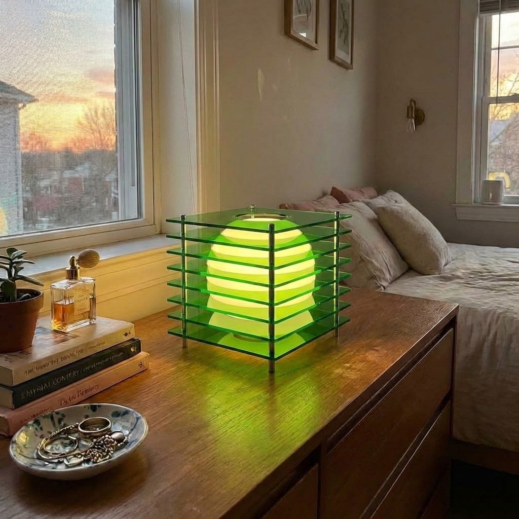 Green Afterglow moon cube lamp on a bedroom dresser