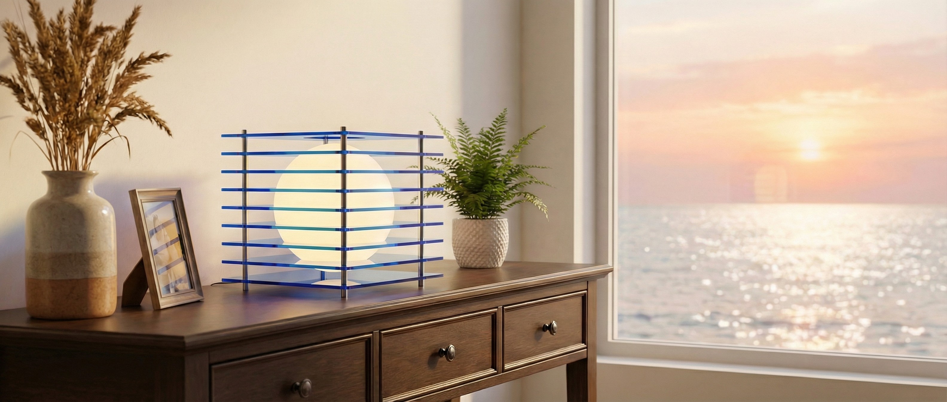 Blue Afterglow moon cube lamp on a console by the sea