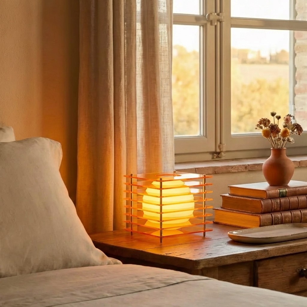 Orange Afterglow moon cube table lamp in a bedroom scene