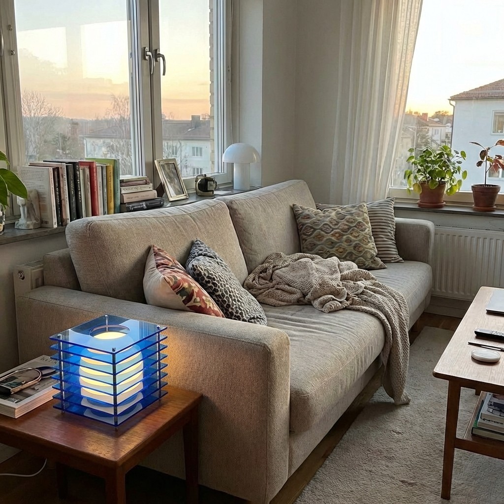Blue Afterglow moon cube lamp in a living room