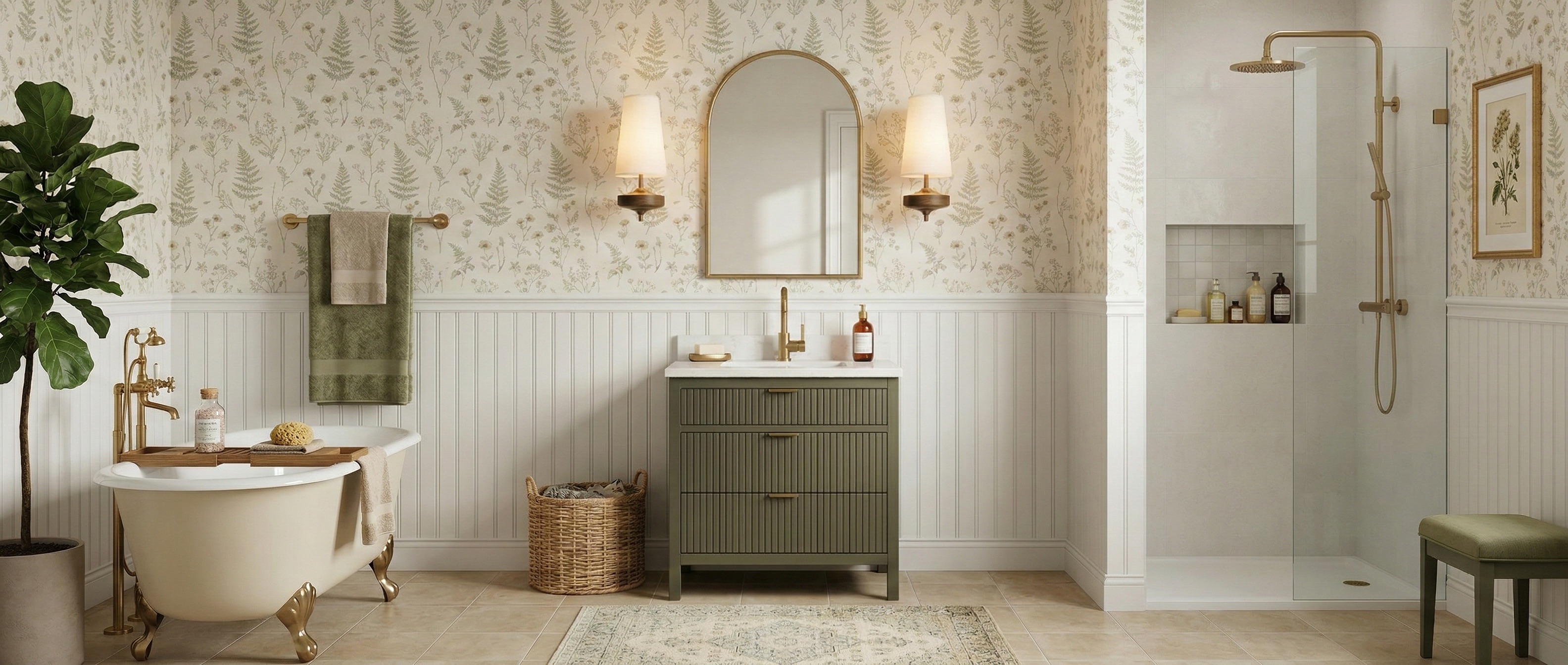 Diora Hour Rho wall lamps styled in a bath and vanity space