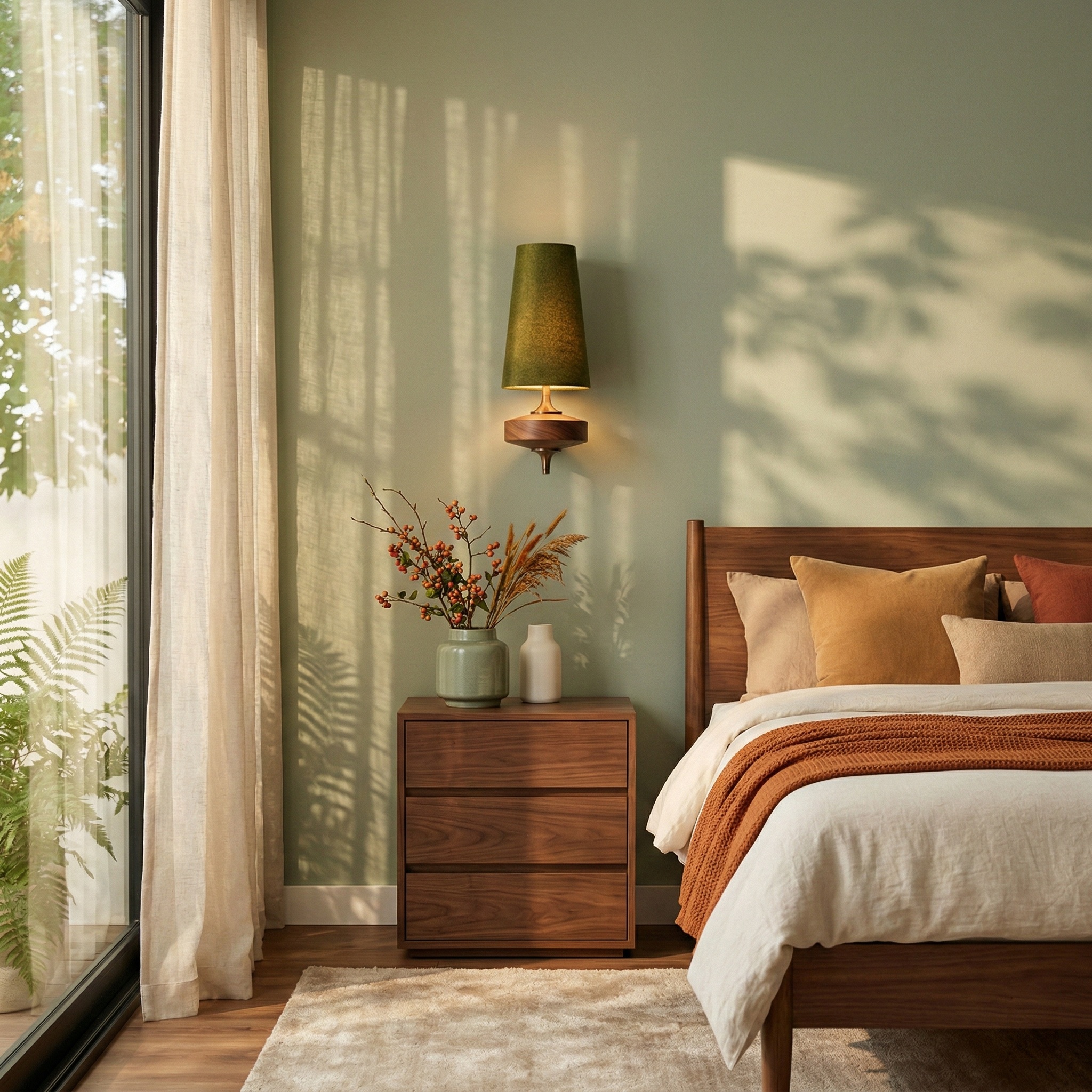 Diora wall lamp styled beside a bedroom nightstand