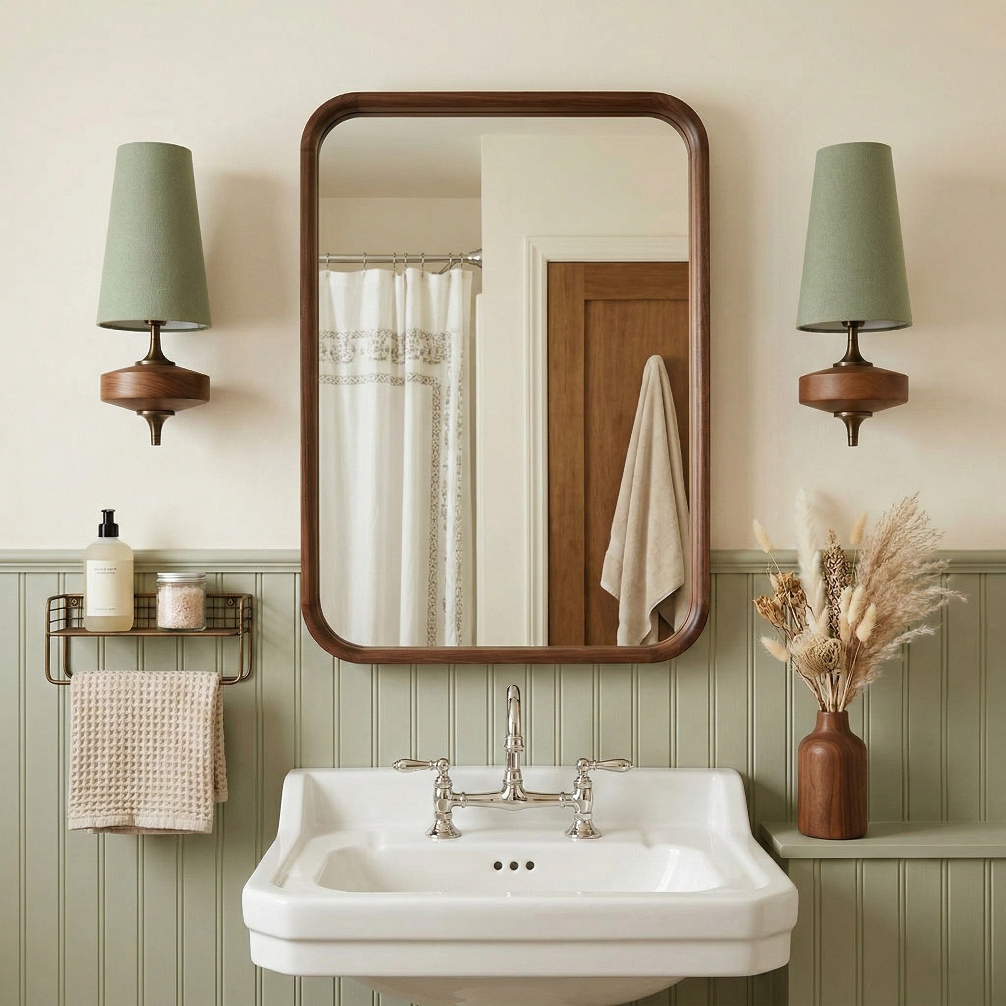 Diora wall lamps styled beside a bathroom mirror