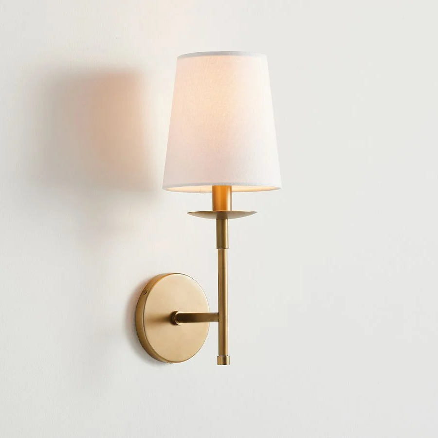 Rowan iron wall sconce with white linen shade