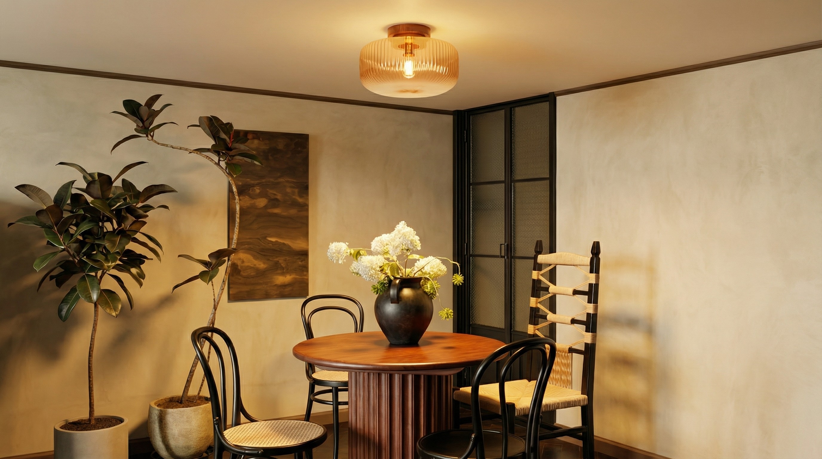 Navello flush mount ceiling light in a styled bedroom
