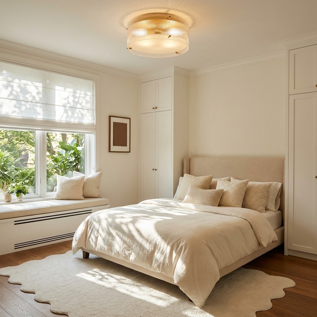 Ribella brass round flush mount ceiling light in a bright bedroom