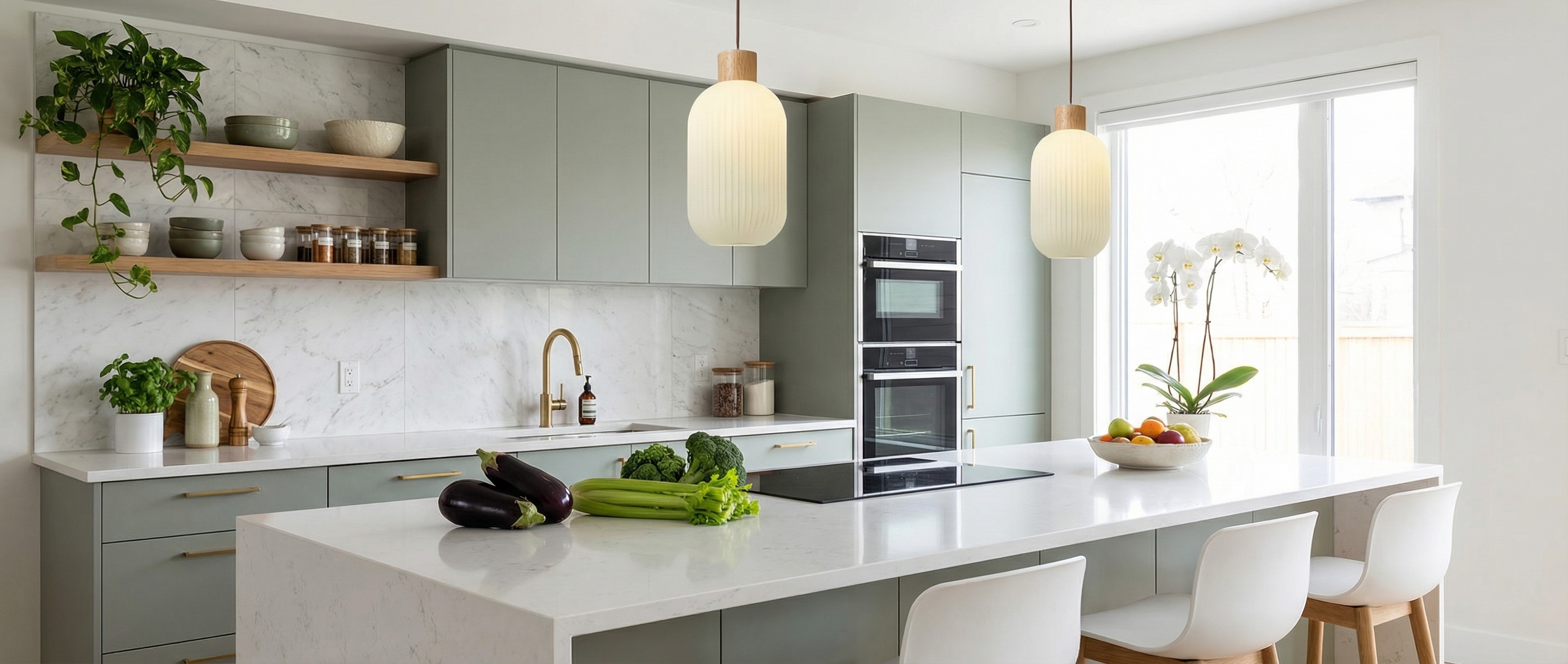 Opalora pendant lights styled in a bright kitchen