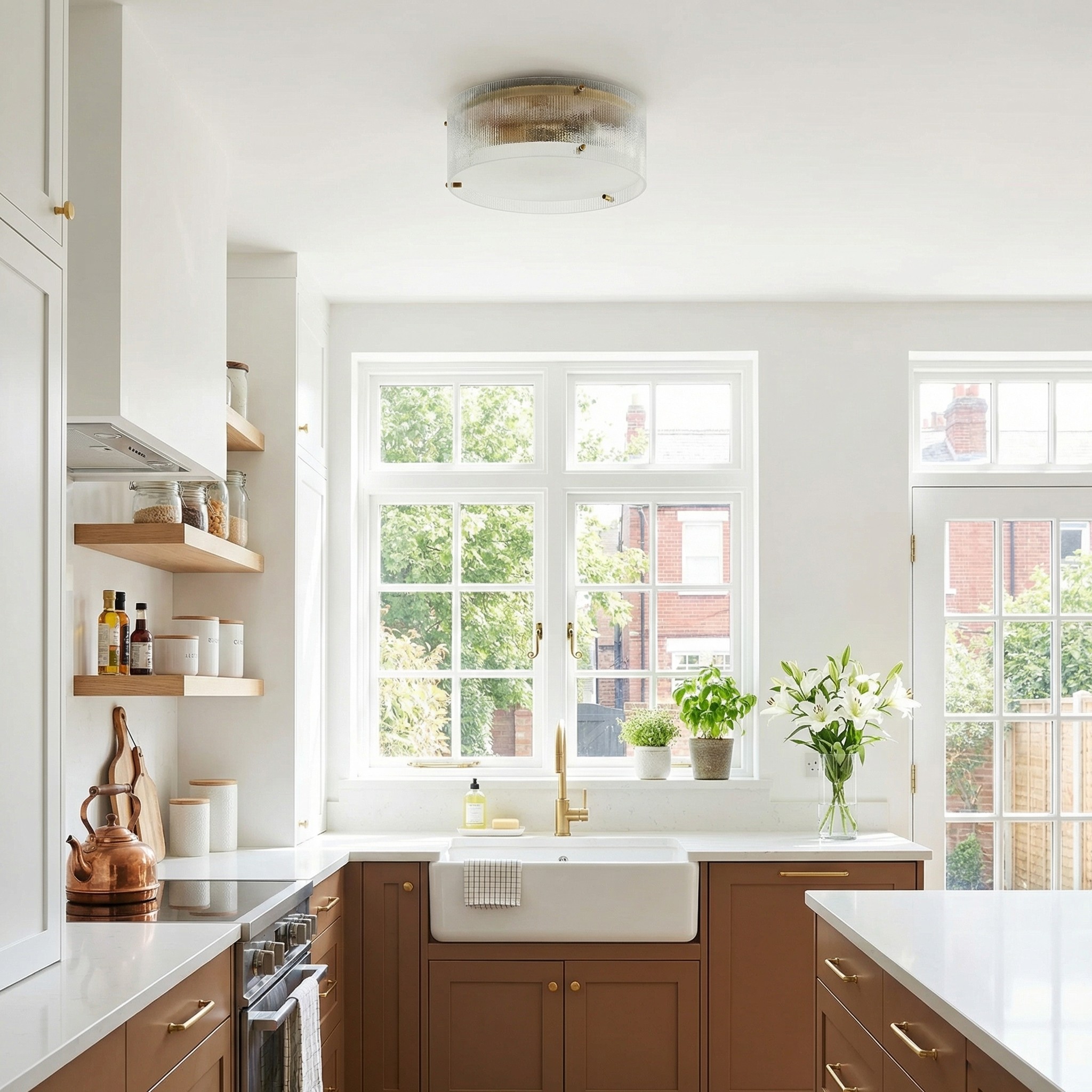 Ribella brass round flush mount ceiling light in a kitchen