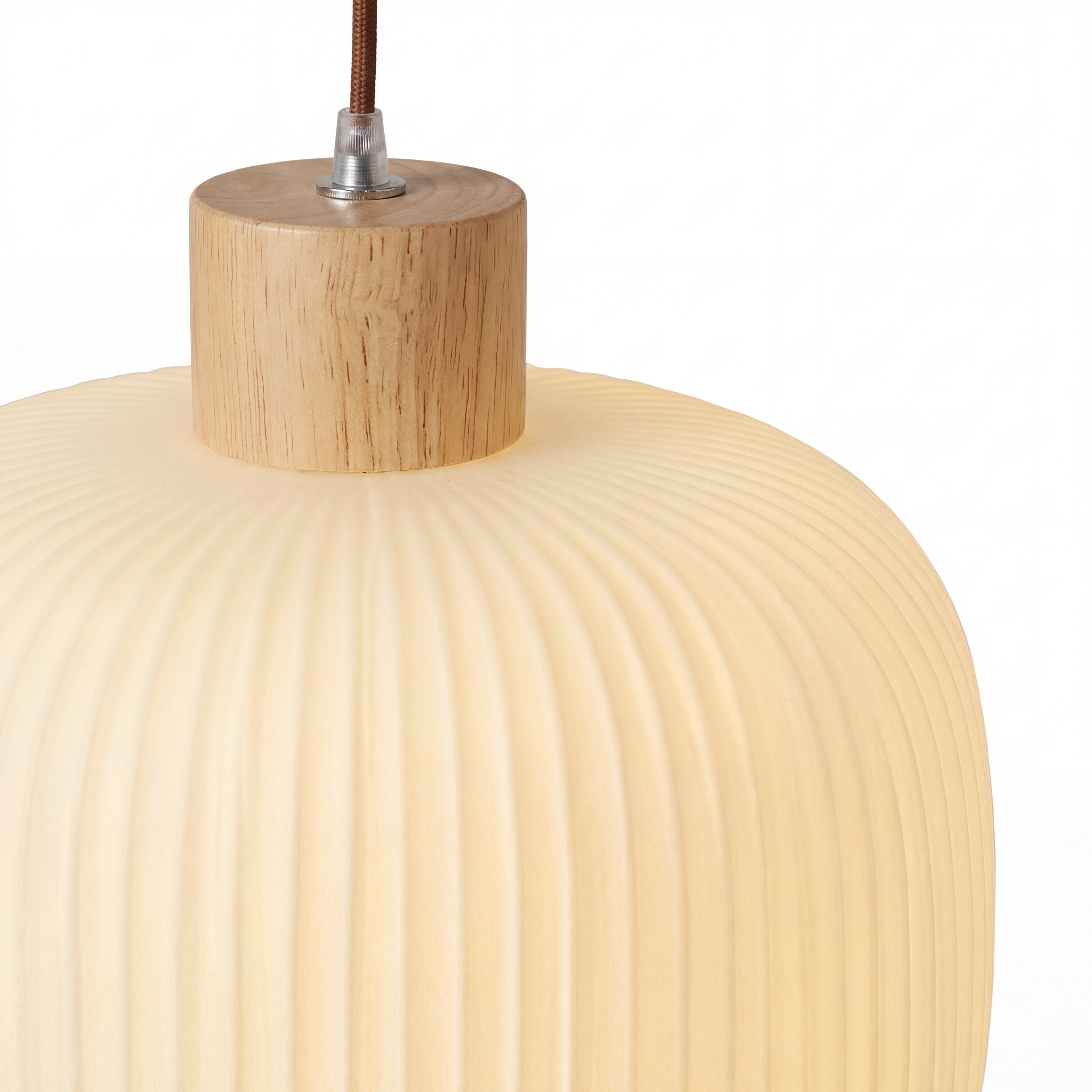 Close view of Opalora pendant wood cap and ribbed milky glass