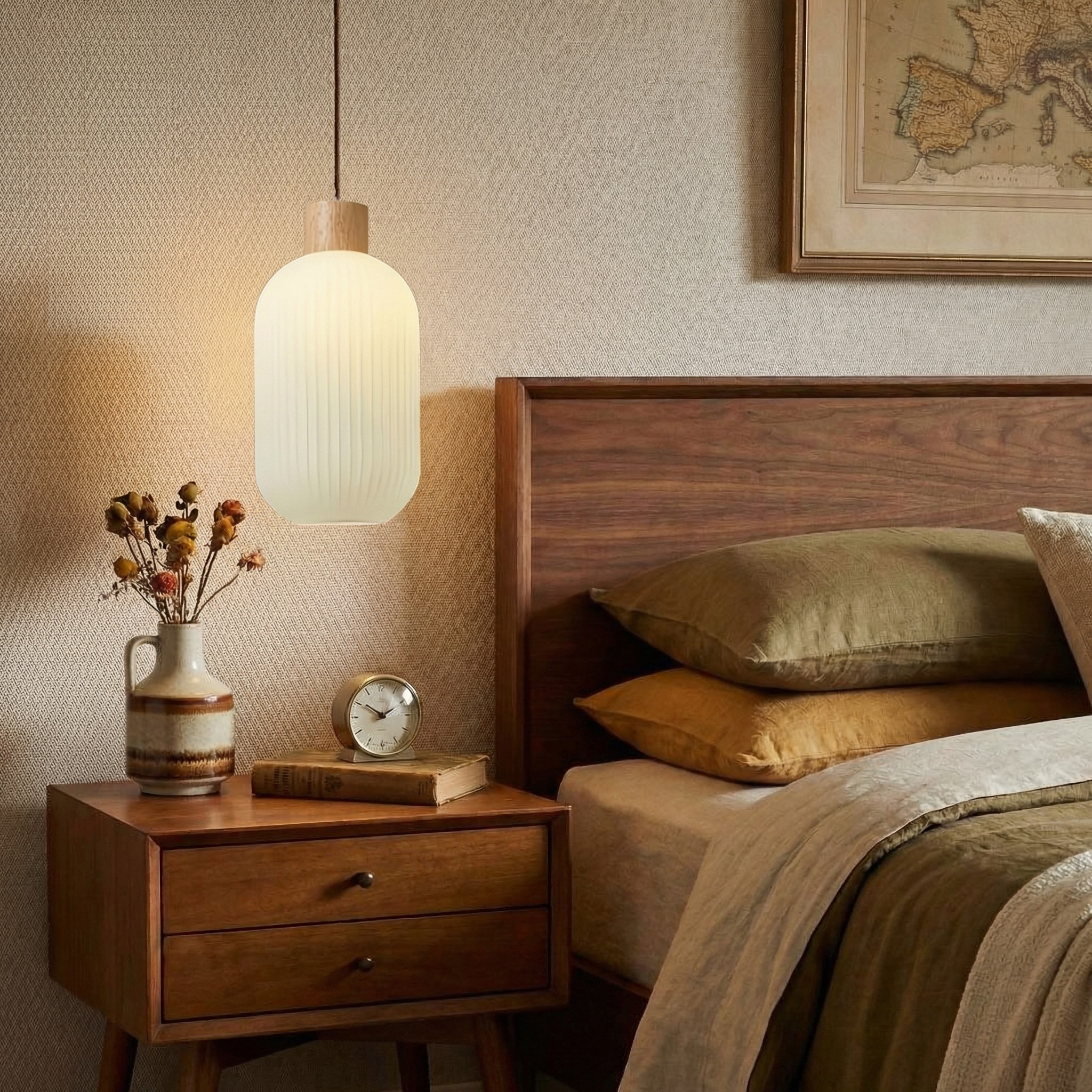 Opalora pendant light beside a bedroom nightstand