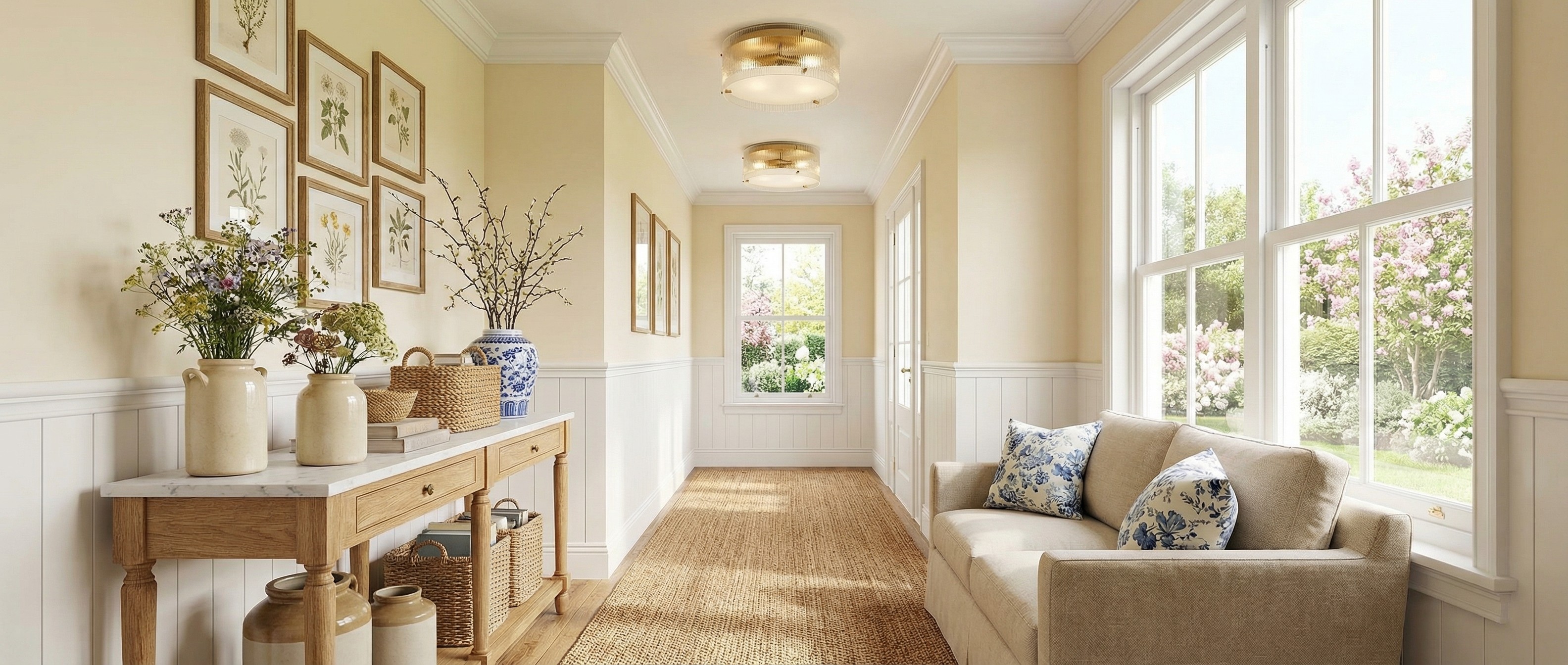 Ribella brass round flush mount ceiling light styled in a warm living space