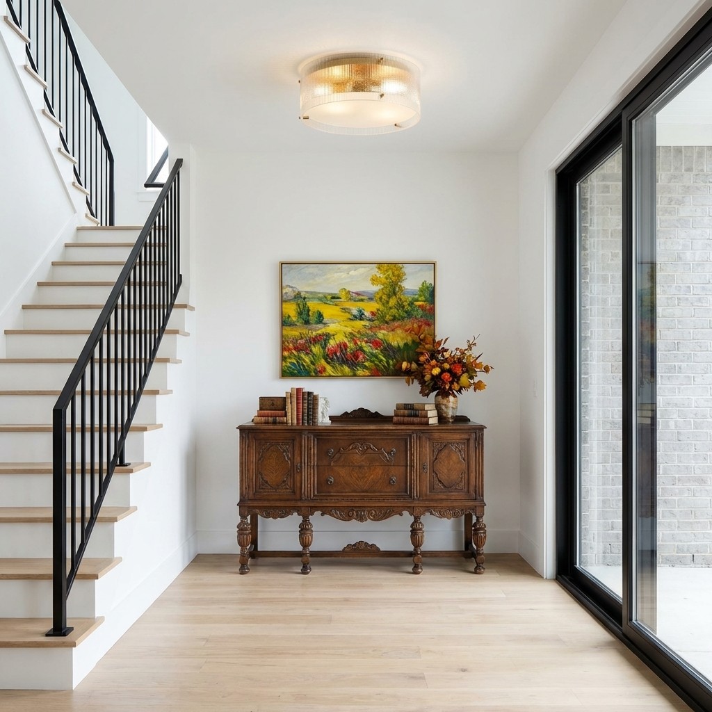 Ribella brass round flush mount ceiling light in an entryway