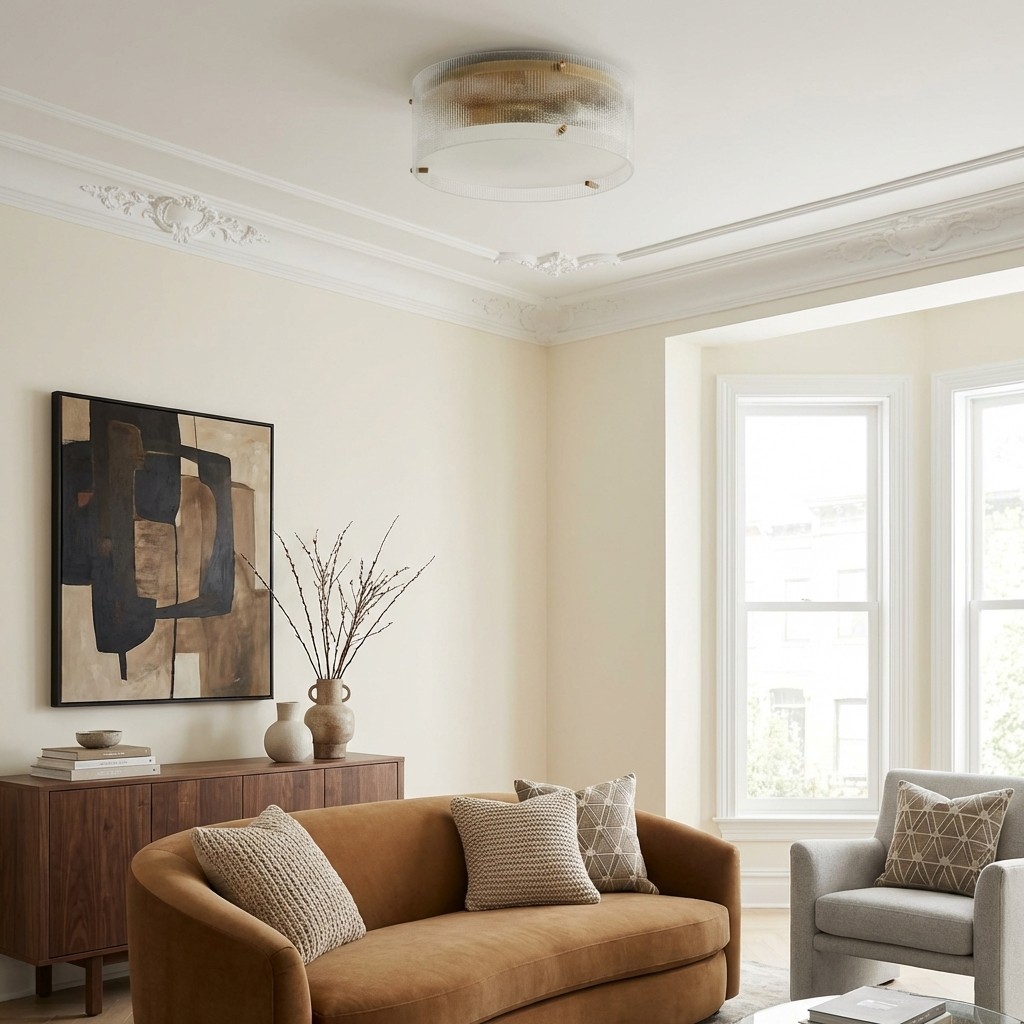 Ribella brass round flush mount ceiling light in a living room