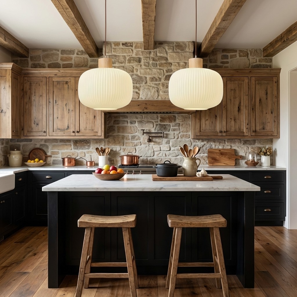 Opalora pendant lights in a wood-accent kitchen