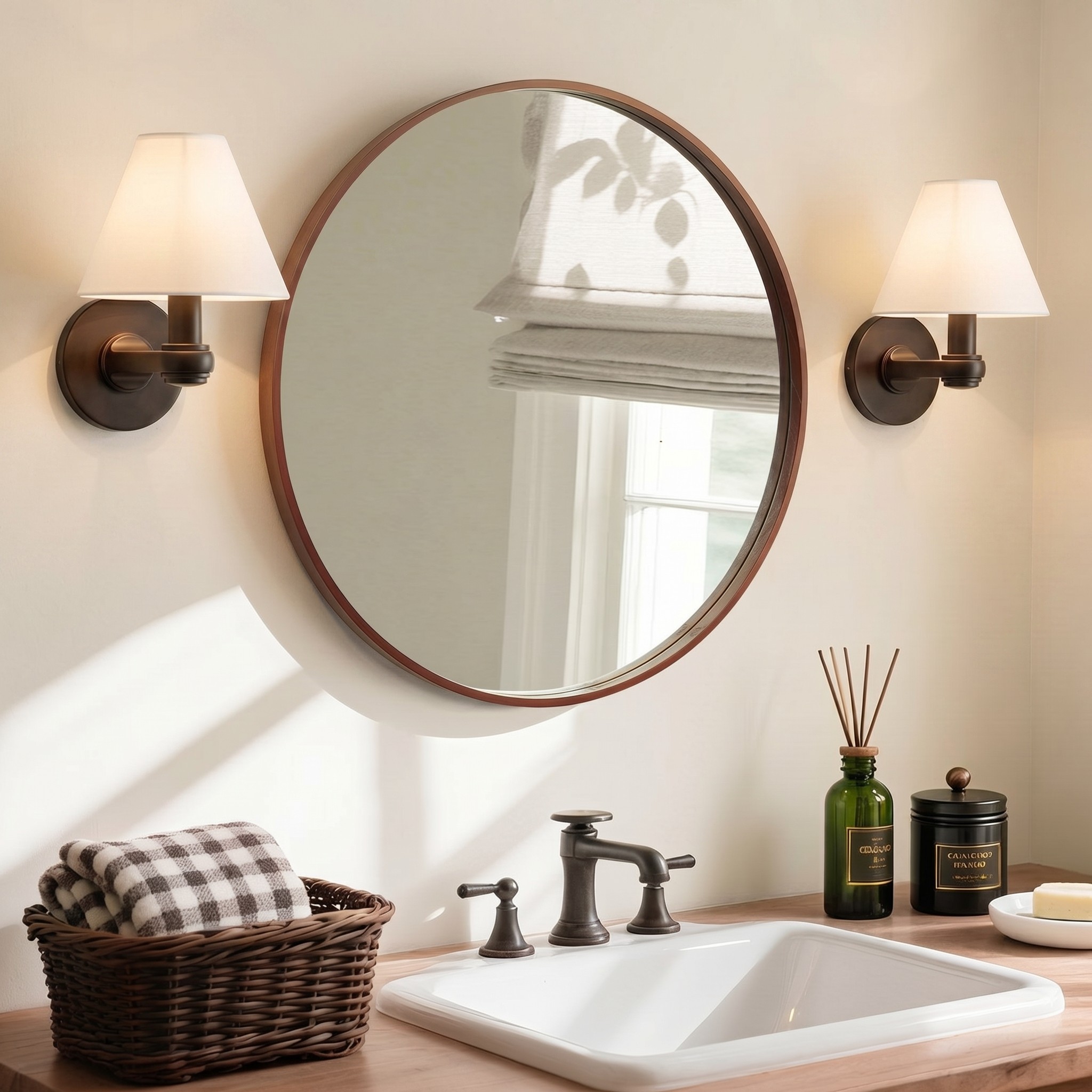 Pair of Roven sconces around a round bathroom mirror