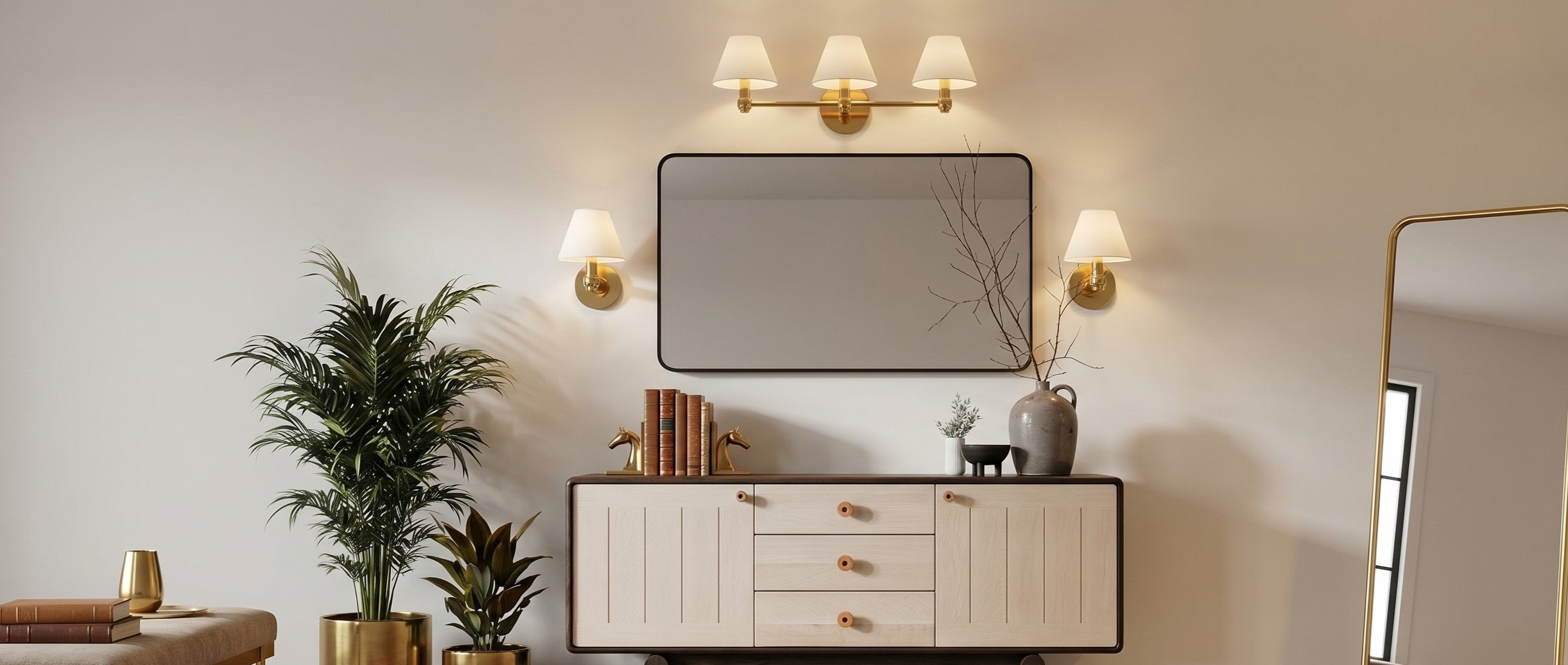 Roven vanity wall sconces illuminating a bathroom console and mirror