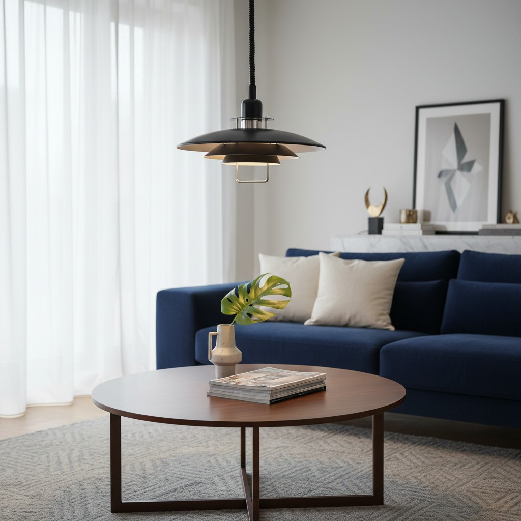 Triple Layer Scandinavian Pendant Light in a living room with a blue sofa
