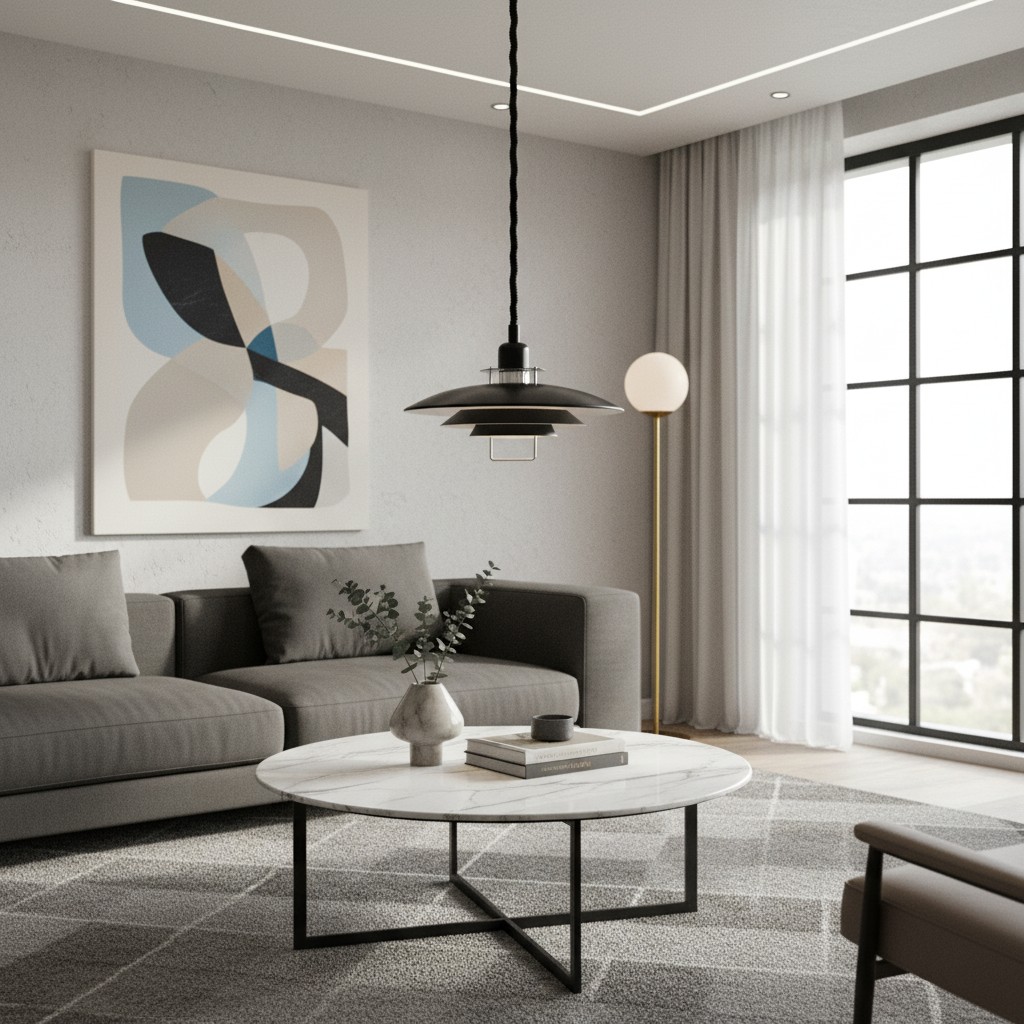 Triple Layer Scandinavian Pendant Light above a coffee table in a soft neutral living room