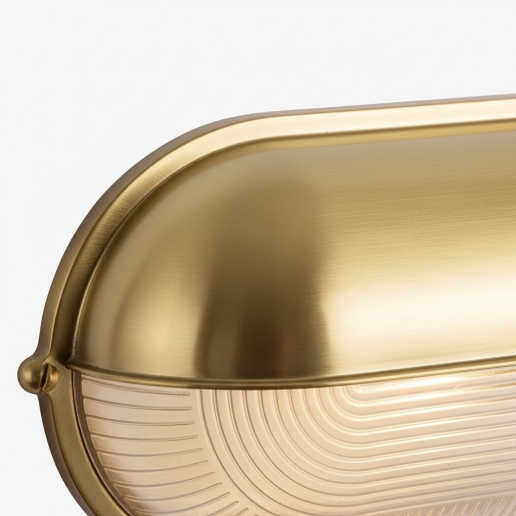 Close detail of Docka lamp brass finish and glass shade
