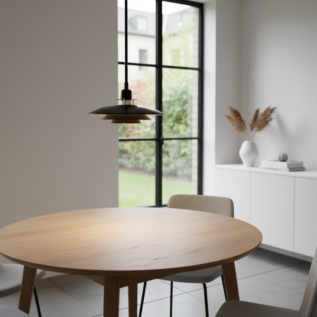 Triple Layer Scandinavian Pendant Light above a round wooden dining table