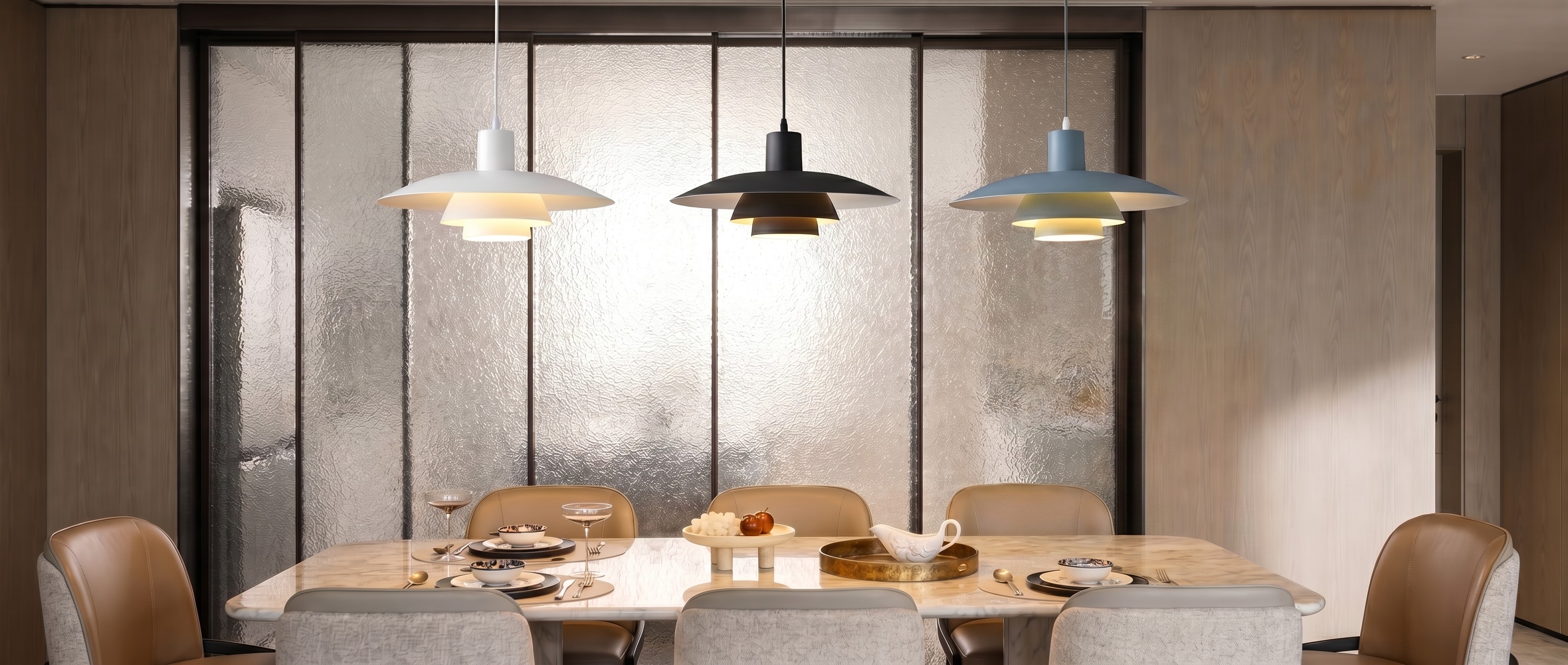 Layera pendant lights styled over dining table